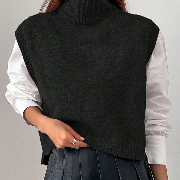 Black Casual Womens Turtleneck Split Hem Sweater Vest - Picture 3 of 5